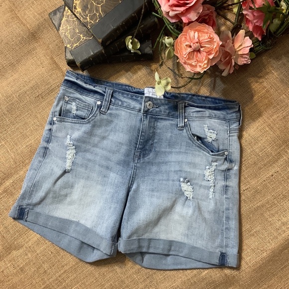 Celebrity pink high-rise light wash distressed mom shorts - Picture 2 of 8